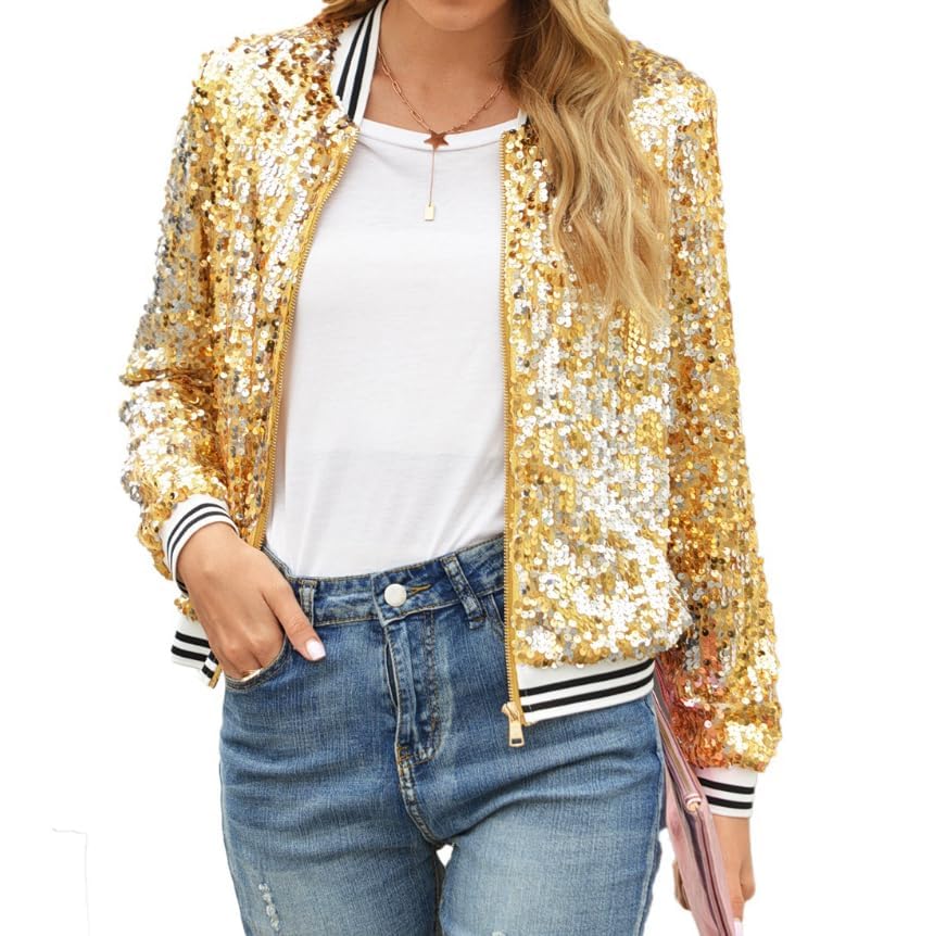 FEORJGP Womens Sparkle Baseball Bomber Jacket Sequin Shimmer Jacket Coat Long Sleeve Glitter Shiny Baseball Jacket Outerwear2
