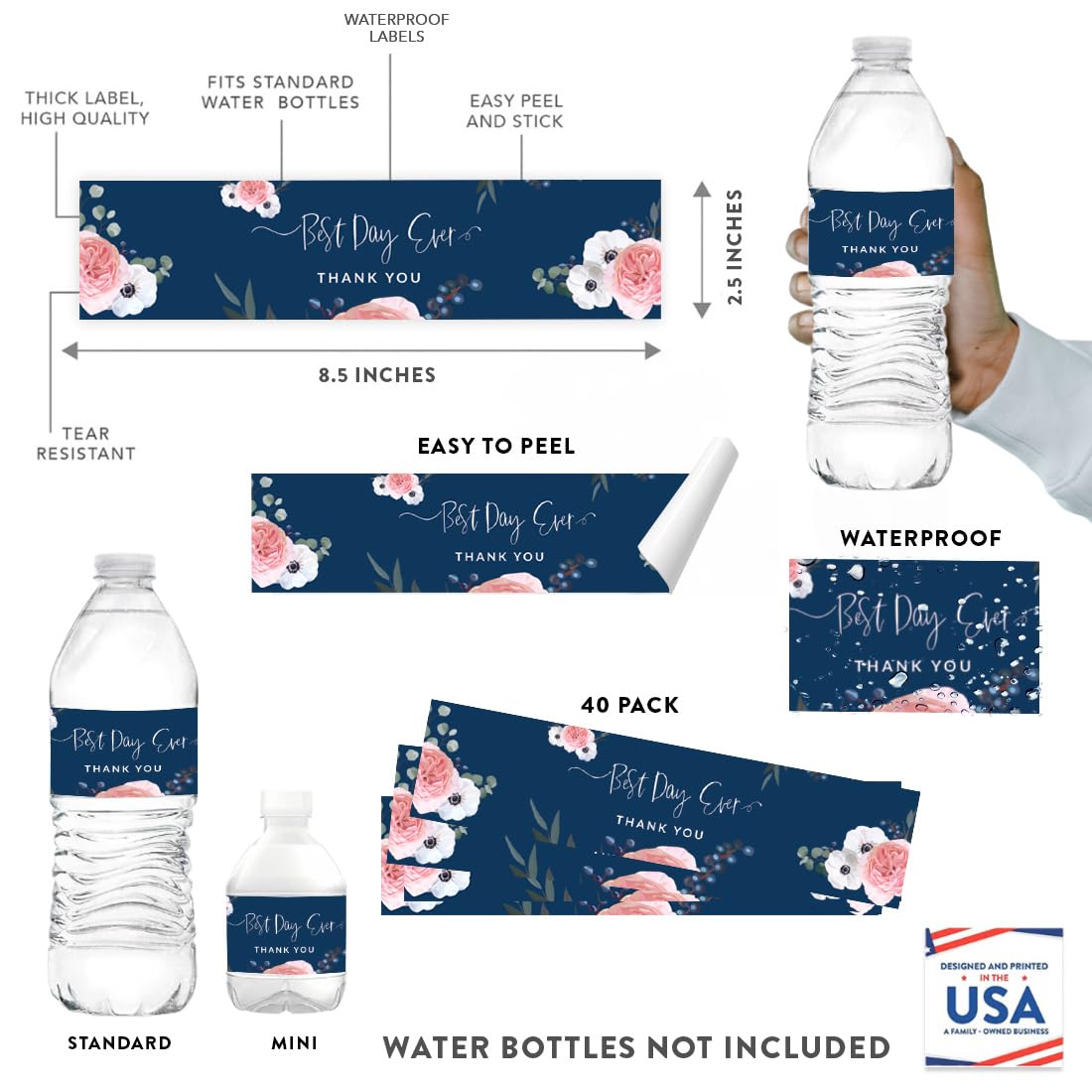 Andaz Press Winter Navy Blue with Eucalyptus Blossoms Wedding Party Collection, Water Bottle Label Stickers, Best Day Ever Thank You, Floral Design, 20-Pack, Wedding Wine Bottle Favor Labels