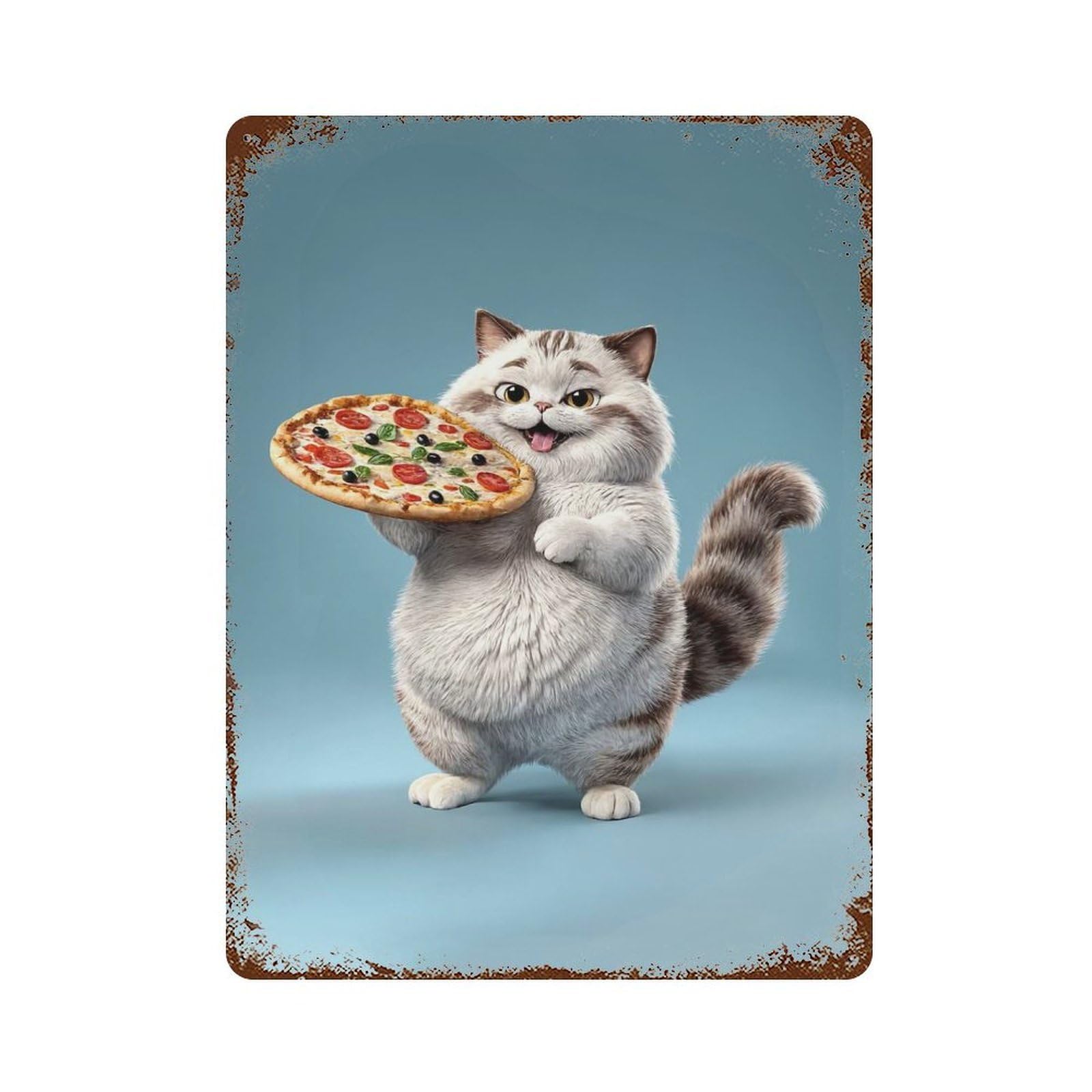 Cat Holding Pizza Weathered Tin Sign 15.7"x11.8", Ideal for Shed, Workshop And Garage Wall Decor