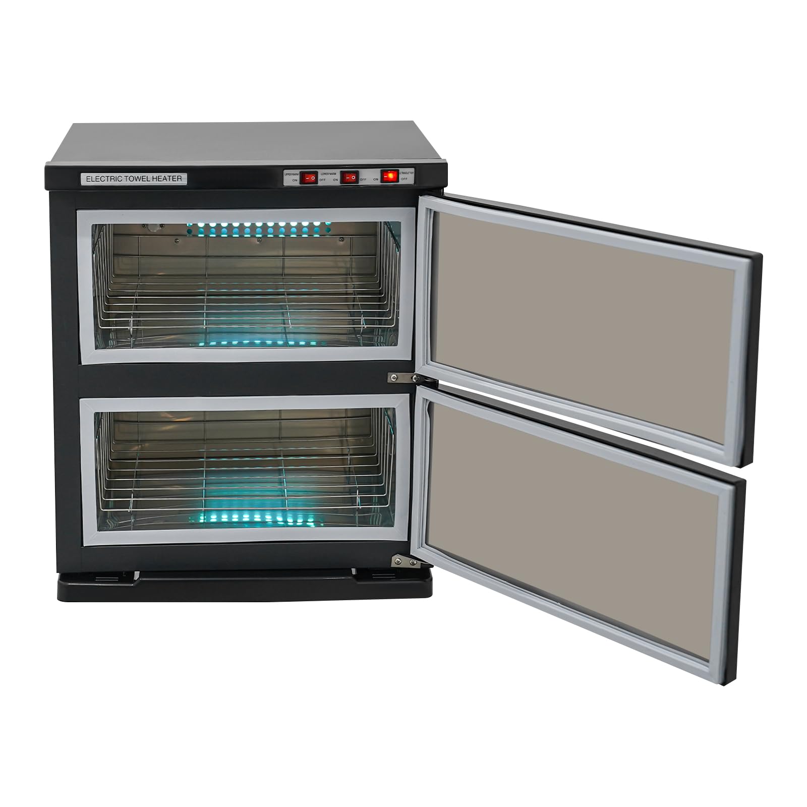 Calentador de toallas de 2 puertas 50 l con esterilizador UV, cosméticos, compresas, calentador de toallas, calentador de toallas, armario para hotel, peluquería, masajes, spas (negro, 2