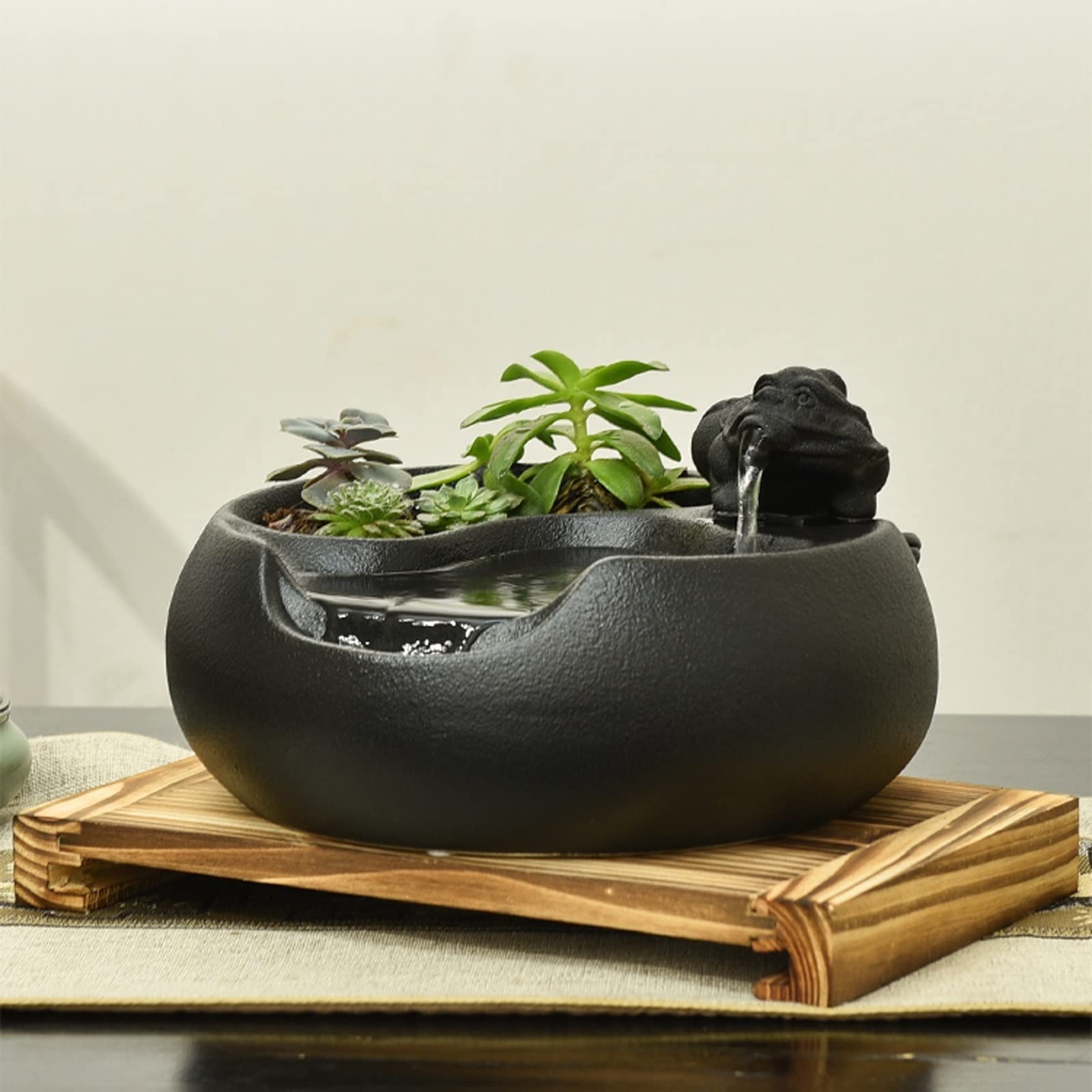 Fuente Decorativa de jardín, Fuente de Agua con Cascada, de cerámica, con Bomba de Agua, Feng Shui Zen, decoración para salón, Dormitorio, Oficina, 31 x 26 x 18 cm, Negro
