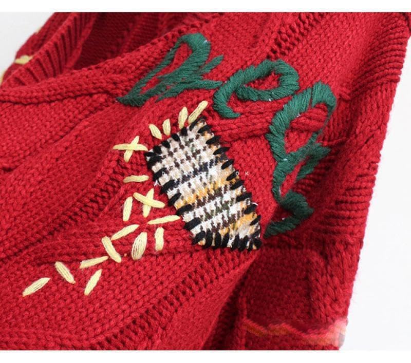 Image of Women's Cable Knit Open Front Cardigan V-Neck Button Down Embroidery Wool Blend Sweater Coat(red,XXL)