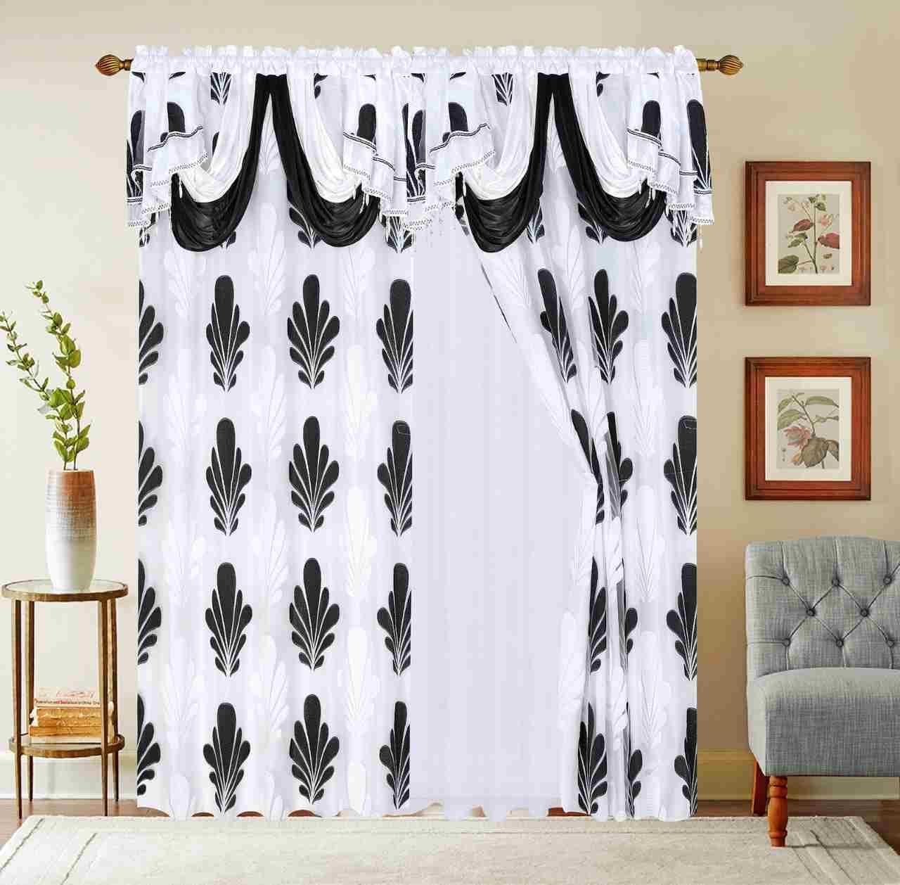 Generic Set of 2 Pieces Shopia 2 Tone Luxury Jacquard Chiffon with Attached Valance with Beads and Tassels Window Curtain Bedroom, Living Room, and Dining Room (108 x 84 inches) (Grey - Black)