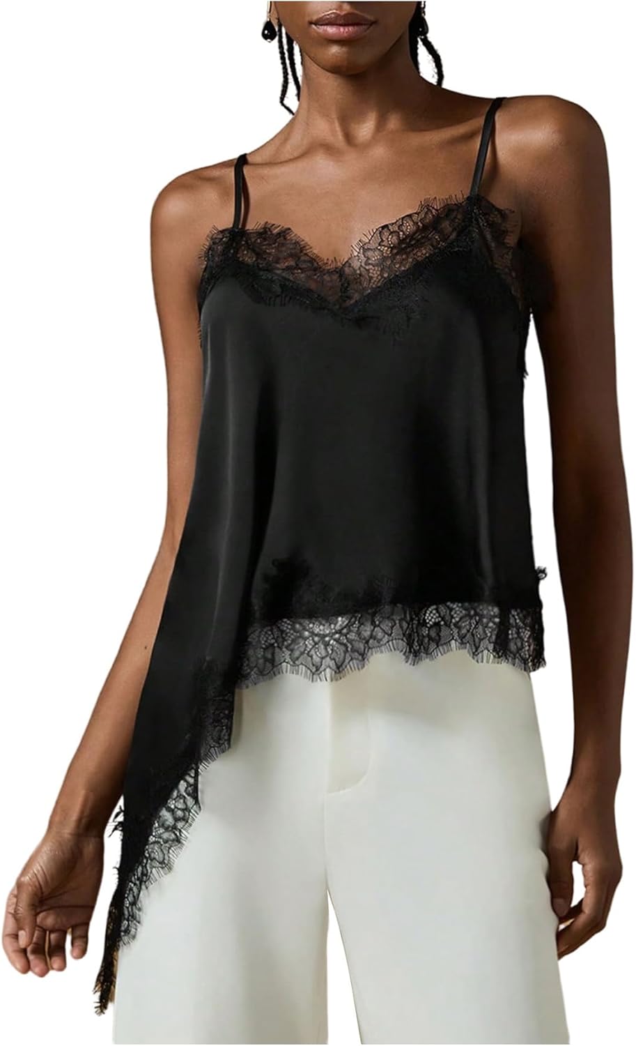 Floerns Women's Asymmetric Lace Trim Cami Top Spaghetti Strap Camisole Going Out Tops
