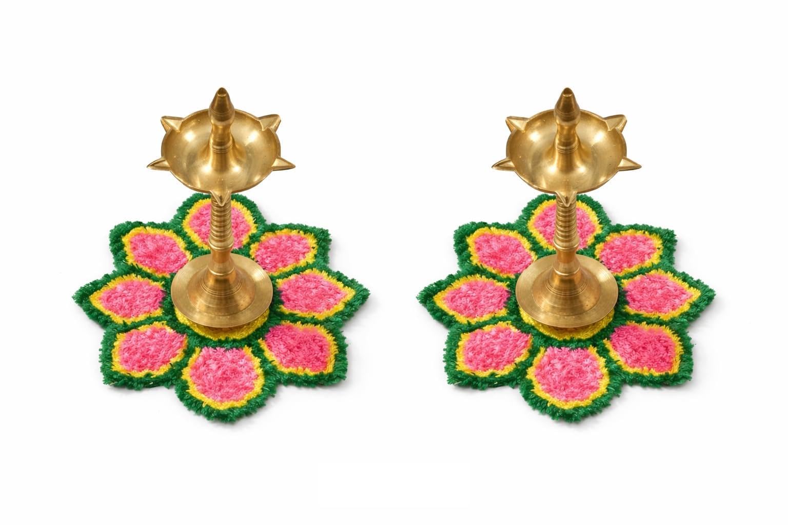Brass Diya with Flower Shaped Rangoli Base, Pink Green Yellow, Traditional Oil Lamp, Pack of 2-picture-35