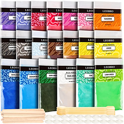 Epoxidharz Farbe 20 Farben, LEOBRO Mica Pulver 200G Metallic Pigmentmit, löffel, Rührstäbchen und Fingerschutz, Mica Powder, Epoxy Resin Farbe für Epoxidharz, Seife, Gießharz, Badebombe, DIY