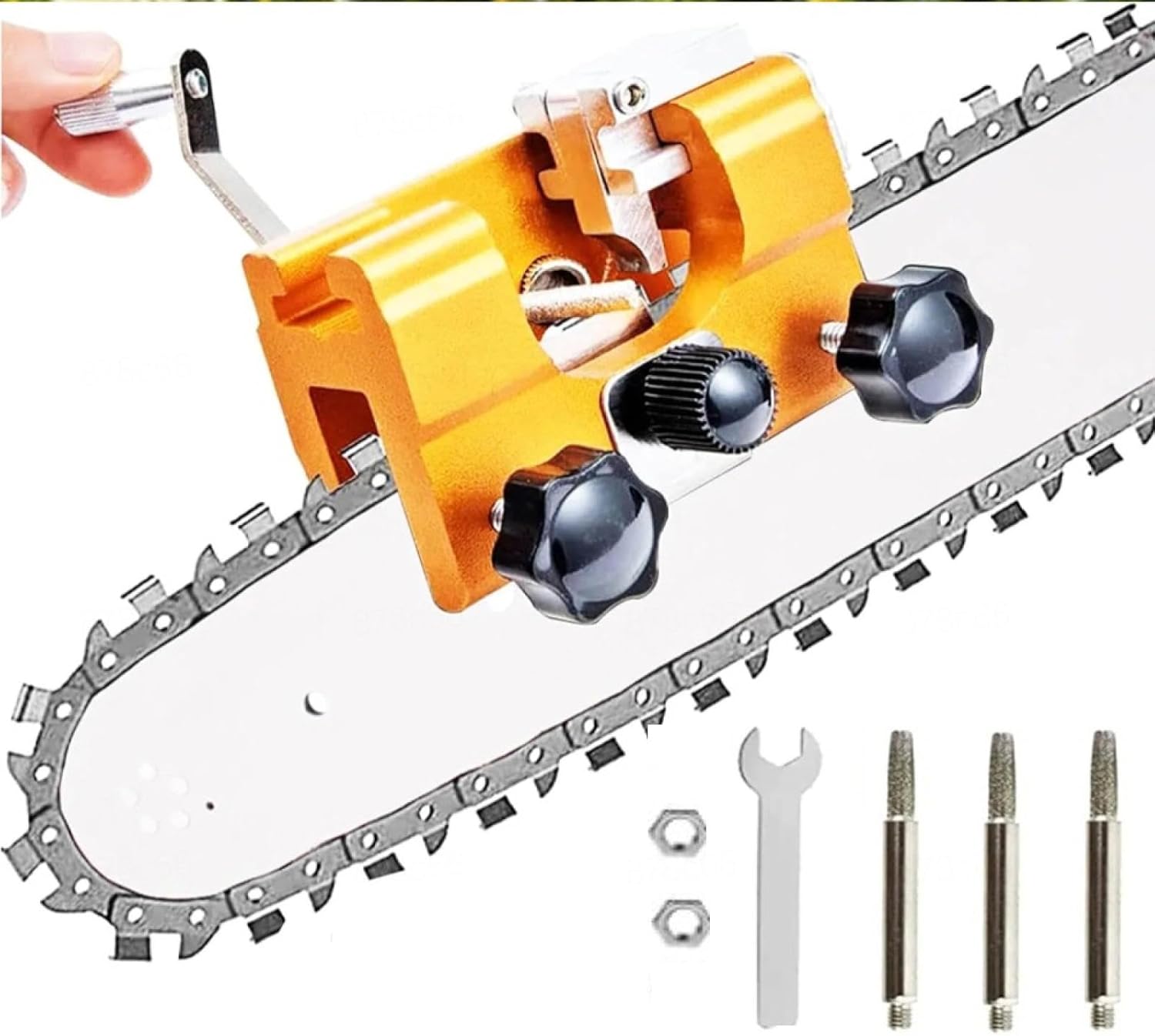Chainsaw Sharpener Jig for Drill Chainsaw Sharpening Jig Kit Chainsaw Chain Sharpener Tool Hand-Crank Sharpener 3 Grinding Heads Most Practical Outdoor Chainsaw Accessories