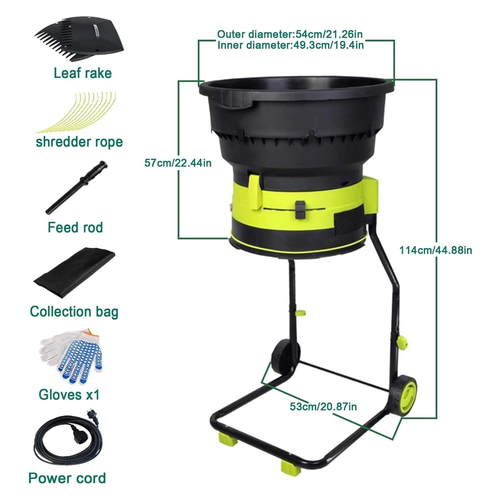 Trituratore elettrico senza lama con ruote e borsa di stoccaggio, 2500 W, 8000 giri/min, per la pulizia del giardino e il compostaggio