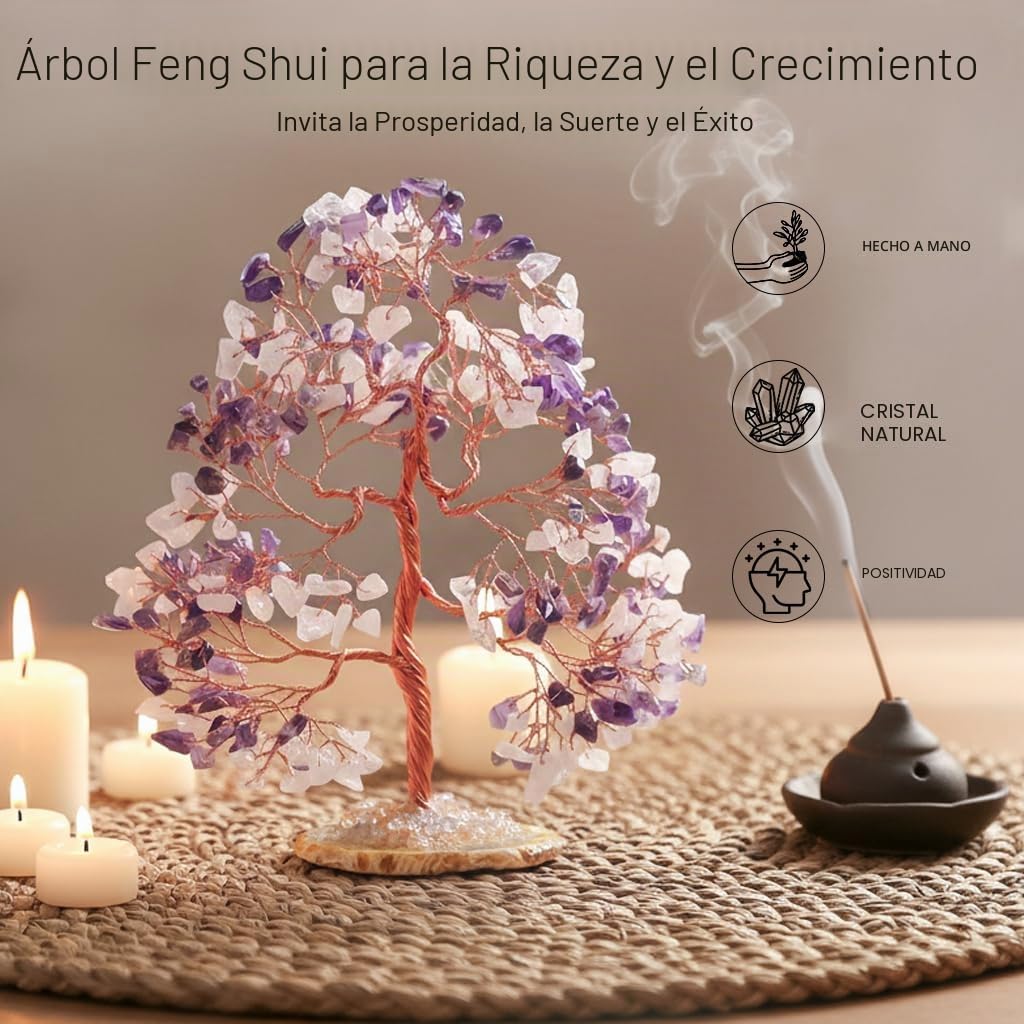 Crocon Árbol de Piedras Preciosas de Cuarzo Rosa y Amatista con Base de ágata geoda, árbol de la Vida de los Chakras Hecho a Mano, Piedra curativa para el Amor incondicional, sabiduría Espiritual