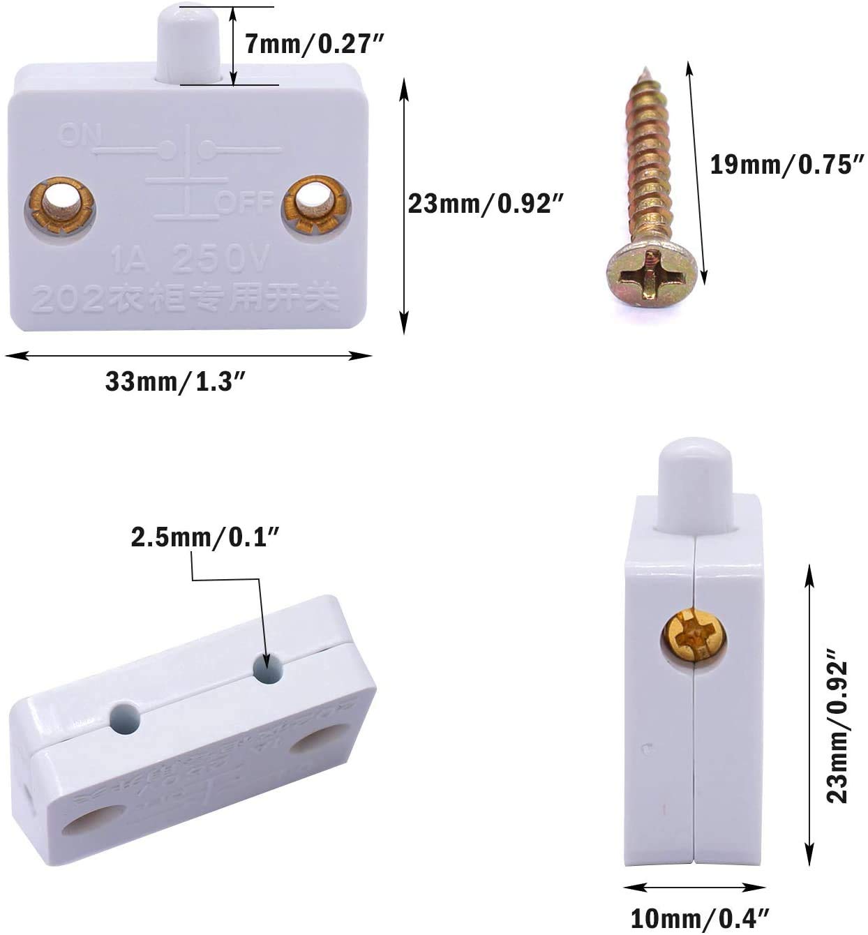 RUNCCI-YUN 8 Pezzi Interruttore Armadio per Porte Luce Push Porta di Contatto 250V 1A per Armadietti Switch (Bianco)