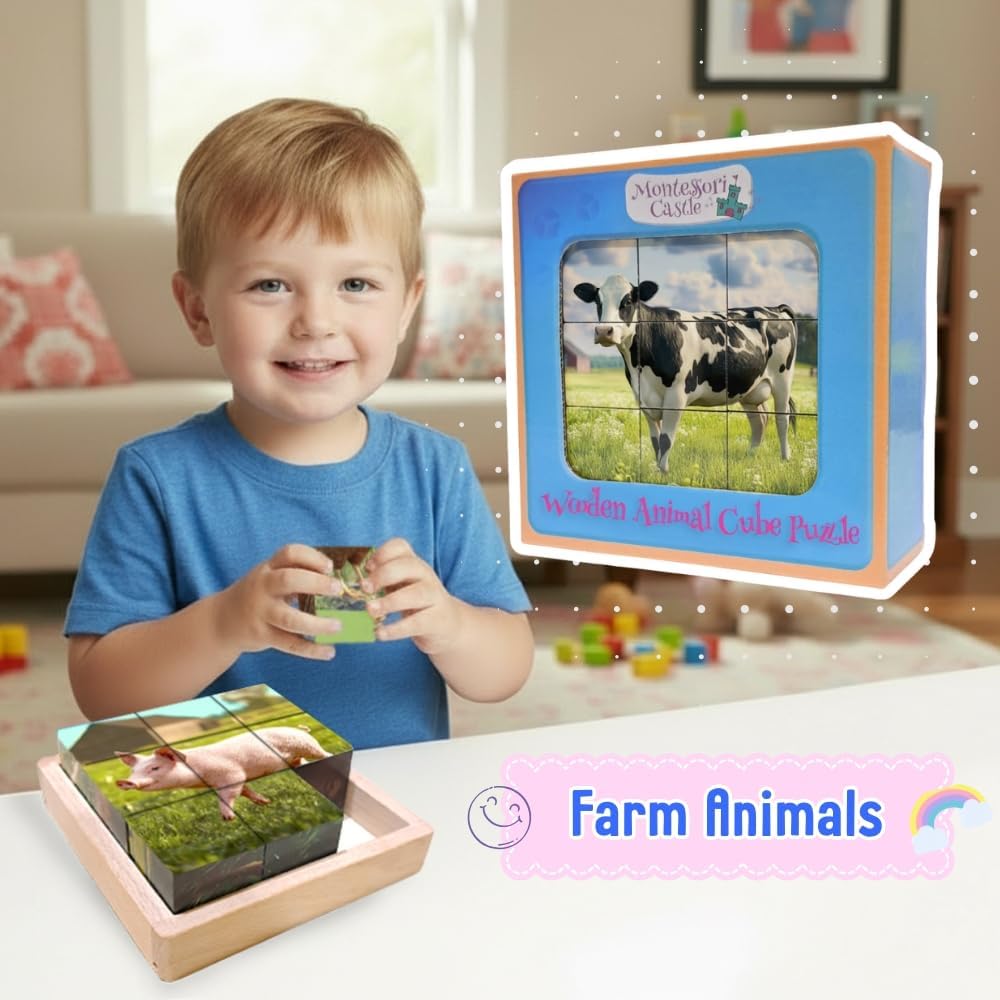 6-in-1 Wooden Animal Puzzle – Montessori Cube Toy for Kids – Realistic Farm Animals Educational Wood Blocks for Toddlers Ages 3–6