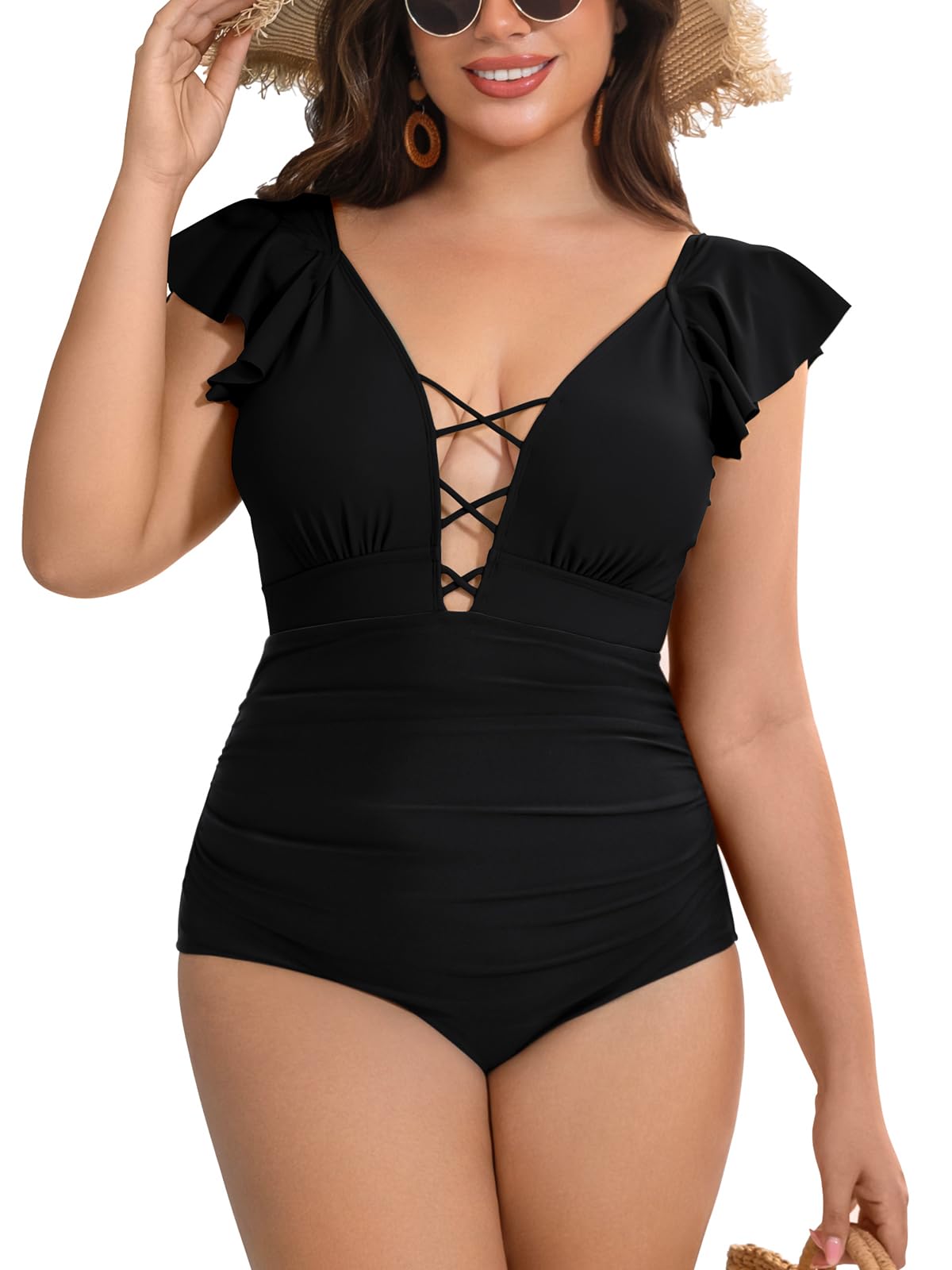 SHEKINI Volants Maillot de Bain Grande Taille Gainant Col en V Maillot de Bain Grande Taille Femme 1 Piece