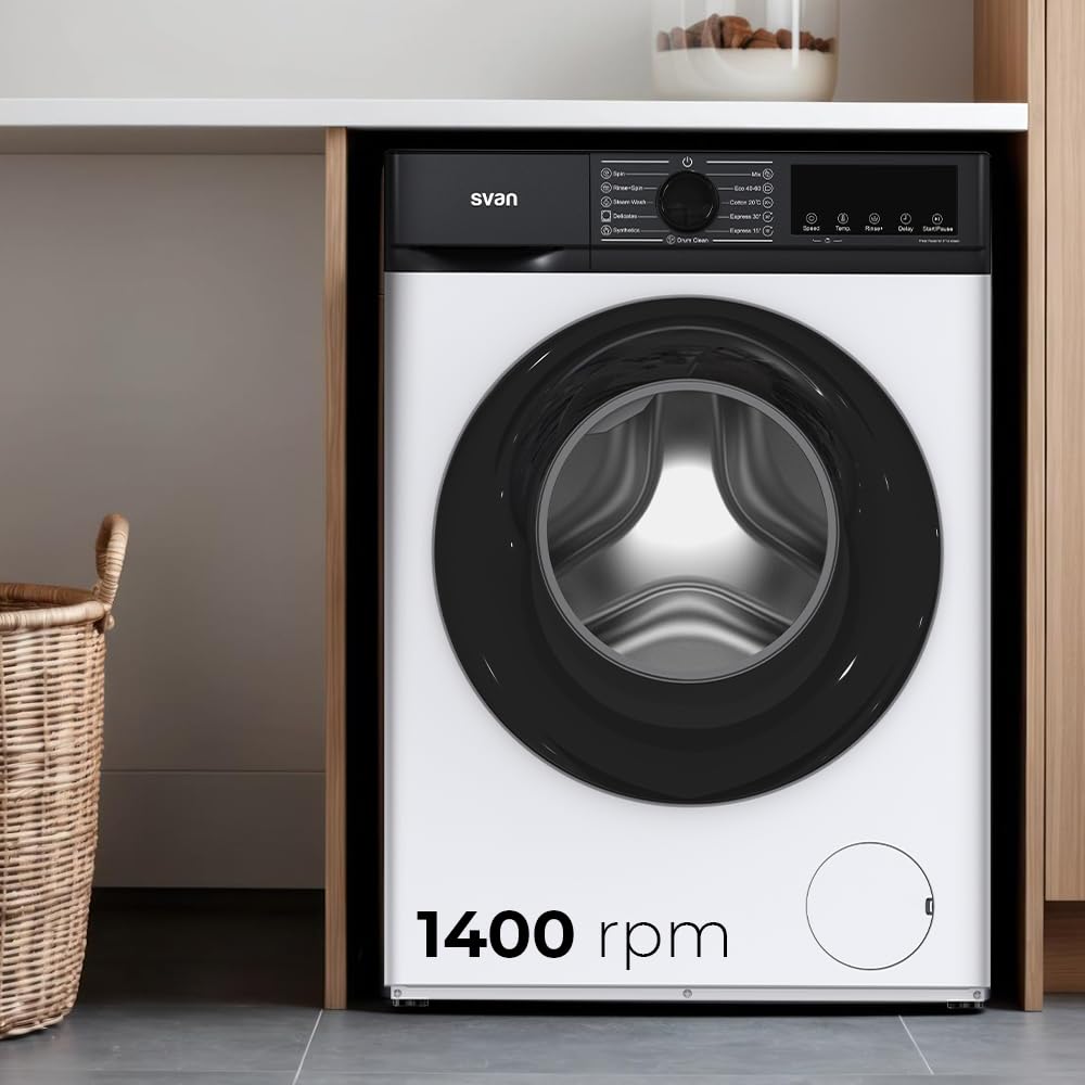 Svan Lavadora 9 Kg Carga Frontal, Blanco, SL9404AIDV. 1400 rpm, Motor Universal, 11 Programas, Eco-logic System, Tambor Acero Inoxidable, Clase de Eficiencia Energética A