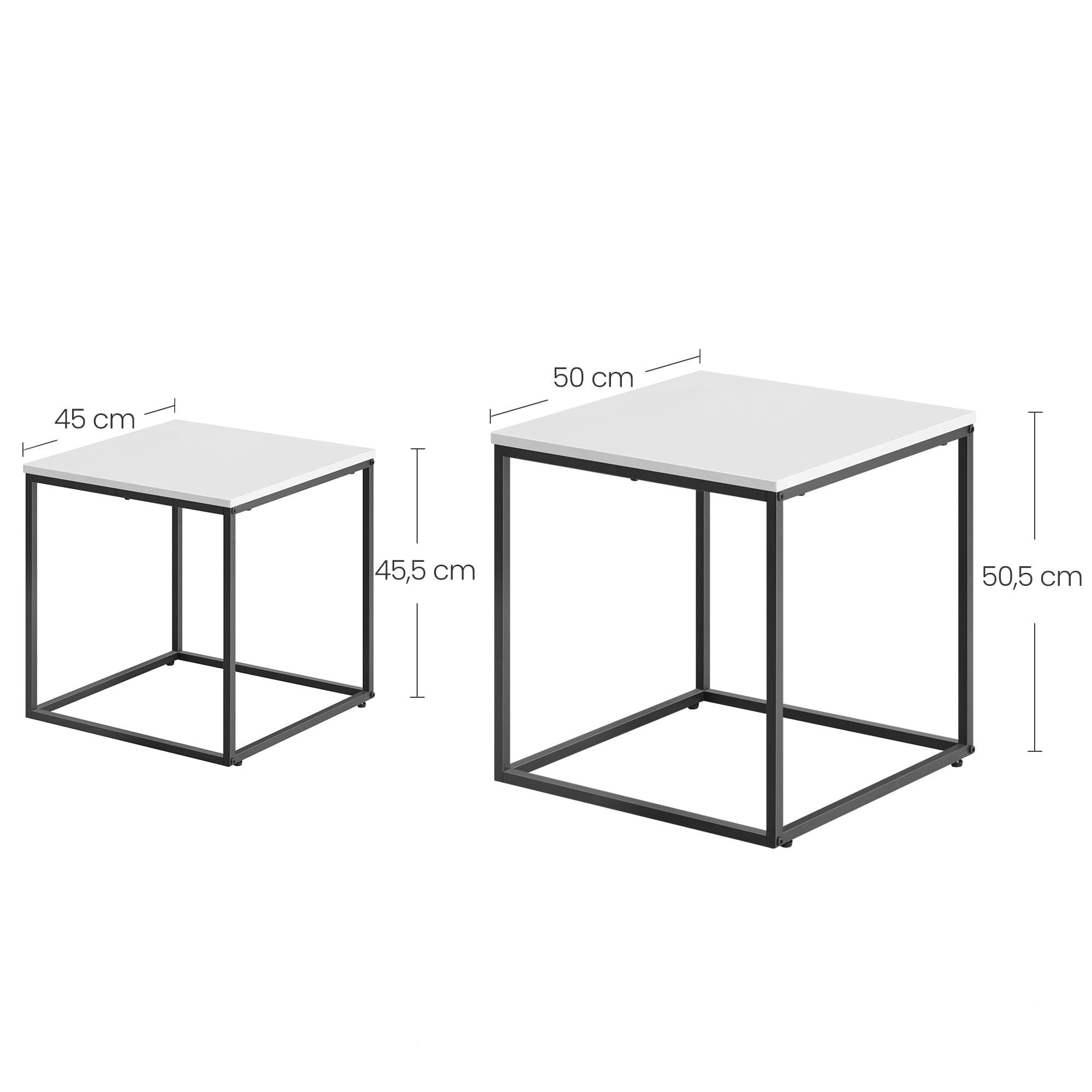 Couchtisch quadratisch 2er Set für Wohnzimmer – Beistelltische im Loft-Design, ineinander schiebbar, Sofatische aus Holzwerkstoff und Stahl, modern, platzsparend (Weiß)