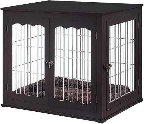 Miniatura 7 de unipaws - Mesa auxiliar con cojín para mascotas, alambre de madera para perros con puertas dobles, diseño moderno, caja de tamaño mediano y grande,
