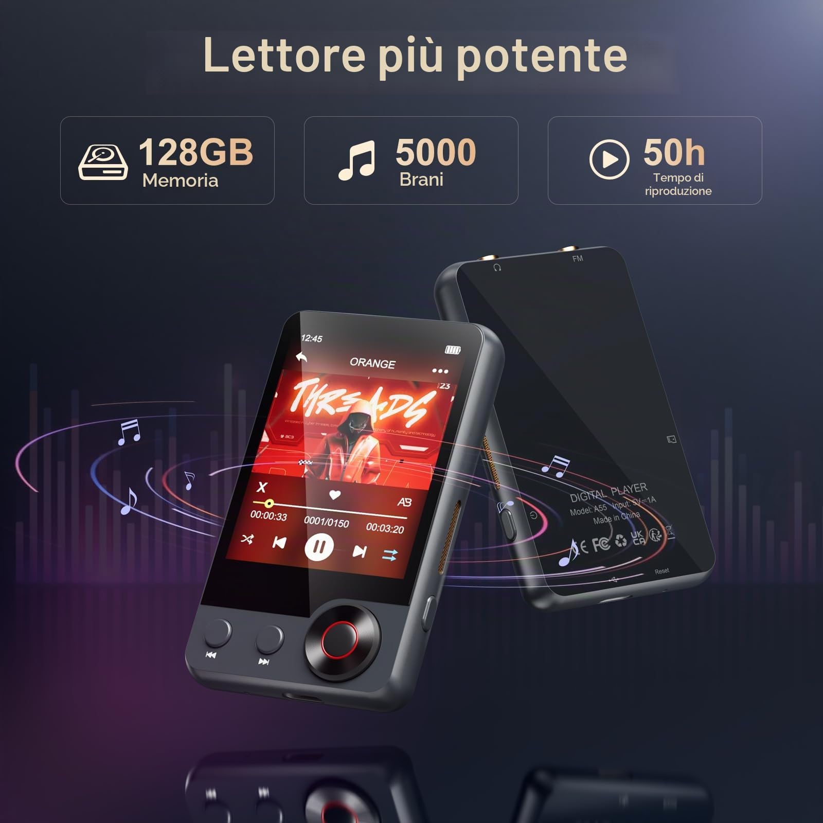 128GB Lettore MP3 con Bluetooth 5.3, Oilsky 2,4 pollici Portatile Touchscreen Lettore MP3 con Altoparlanti, Radio FM, Registrazione Vocale, Cuffie (grigio)