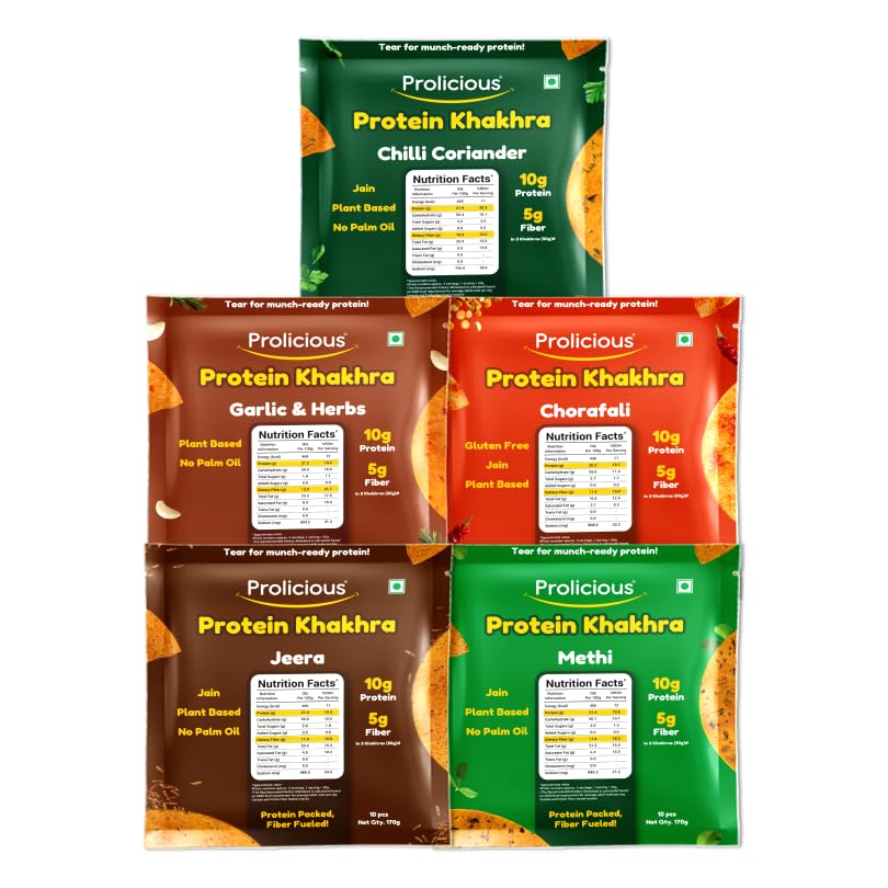 Image of Prolicious Classic Khakhra Combo | Crispy Roasted Khakhra Snacks | Healthy Indian Snack Combo | High Fibre & Crunchy Tea-Time Snack | No Maida (Pack of 5, 170g each)