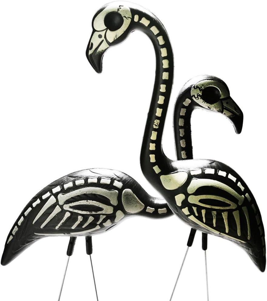 Pink Inc. 2 Halloween Skeleton Yard Flamingos Lawn Decor Ornaments - Great for Halloween Haunted House or Over the Hill Party Decorations