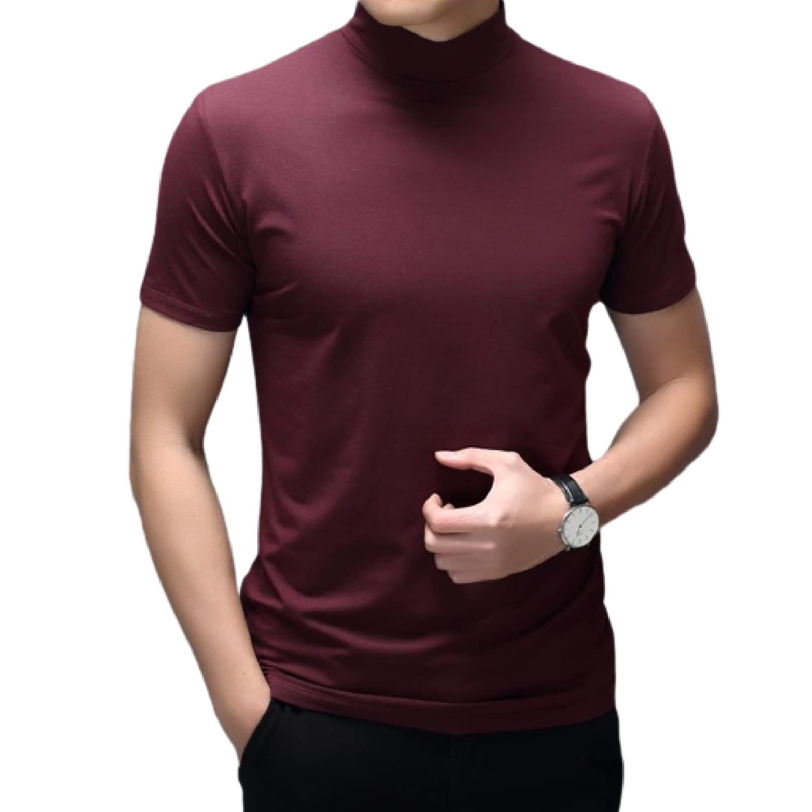 Rela Bota Mens Fashion T-Shirts Undershirts Thermal Underwear Tops Half Turtleneck Short Sleeve Slim Fit Basic Pullover Tees Red