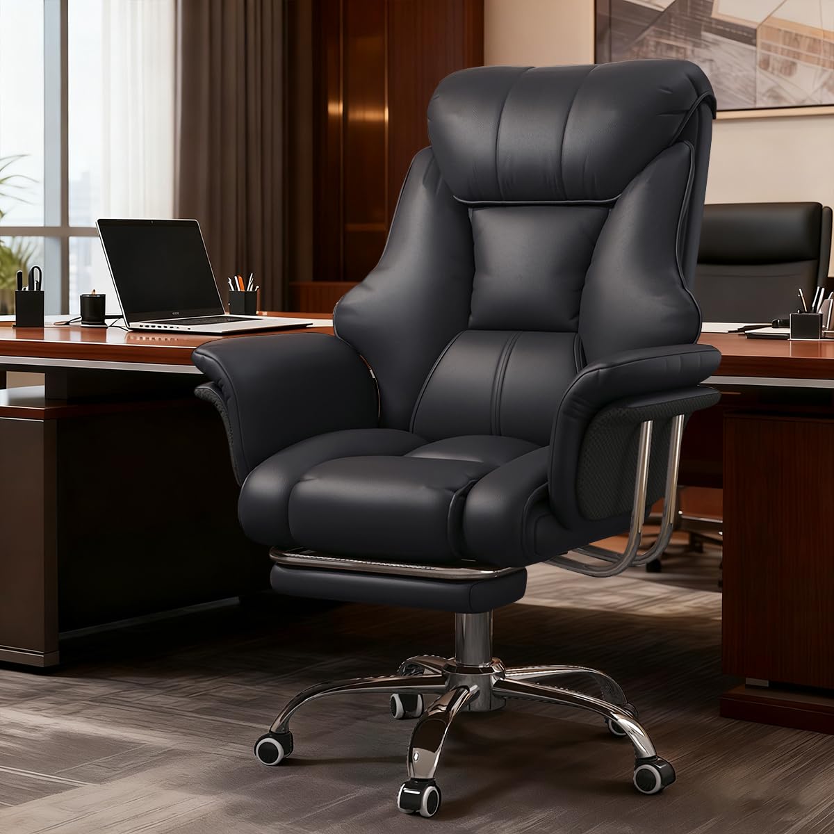 XUEGW Office Chair with Foot Rest and Waist Lumber Support, Ergonomic Gaming Chair with Adjustable Height Headrest, High-Back PU Leather Reclining Chair for Home Office (Black)