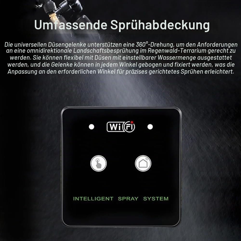 Intelligentes Reptilien-Benebelungssystem (WLAN), Terrarium-Luftbefeuchter mit 360° verstellbaren Sprühdüsen, Timer & selbstansaugender Pumpe, Regenwald-Nebelsystem für Terrarium, Set mit 4 Düsen
