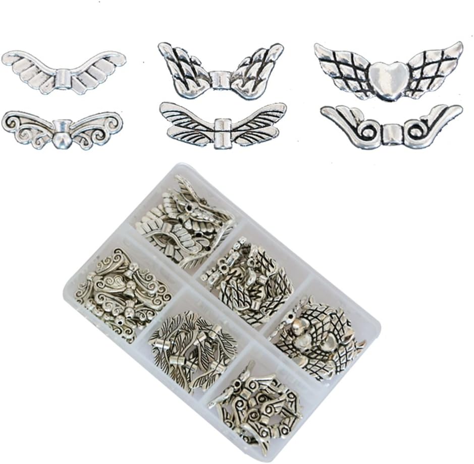 Vintage Tibetan Silver Plated Angel Wing Charm Beads Spacer Jewelry Findings Parts for Jewelry Making With Container Box
