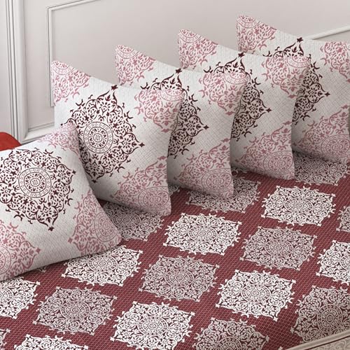 Image of FRESH FROM LOOM Cotton Reversible Diwan Set Maroon - 1 Single Bedsheet with 2 Bolster Covers and 5 Cushion Covers (8pc Set)