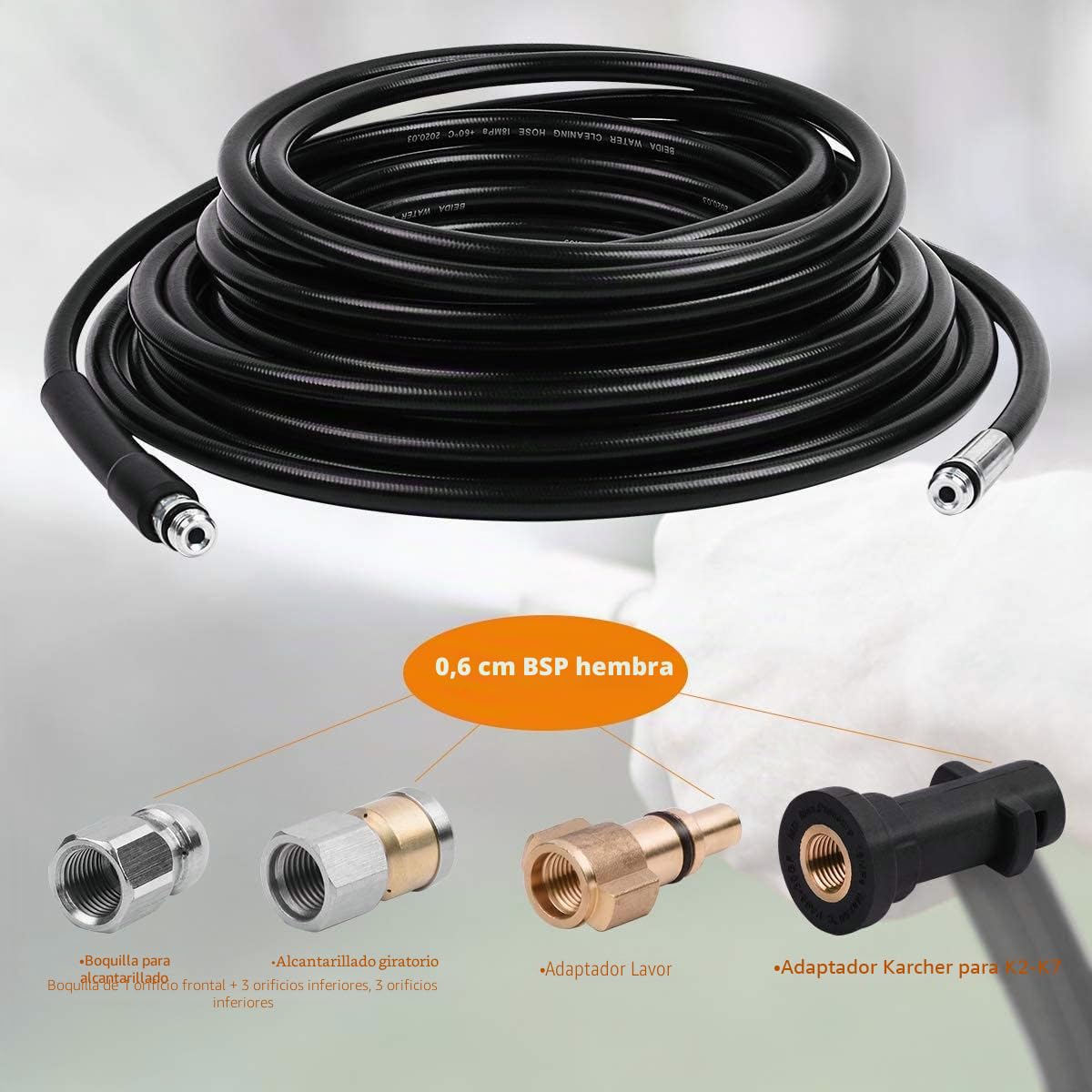Fai Top 15M Manguera de limpieza de tuberías,Kit de limpieza de manguera de drenaje limpiador de alta presión con boquilla de chorro y boquilla de chorro giratorio para Karcher K2-K7 Series Y LAVOR