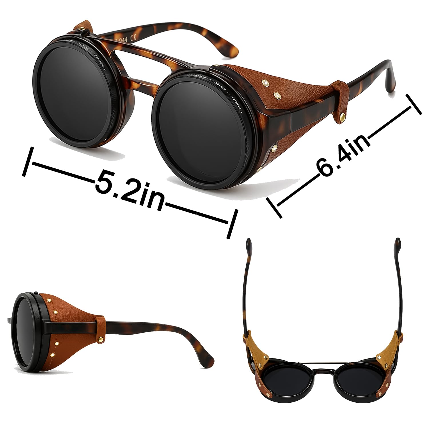 Regulowane okulary przeciwsłoneczne Steampunk - filtr ND, polaryzacyjne UV400 - okrągłe odcienie retro, skórzane osłony boczne