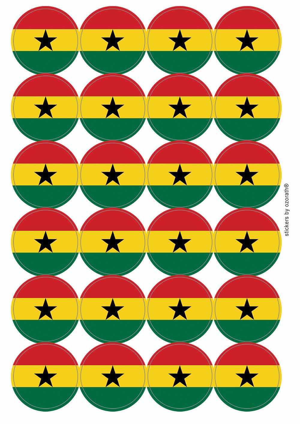 Ghana National Flag Circular Matt Paper Stickers A4 Sheet of 24 (Each Sticker is 45mm Diameter)