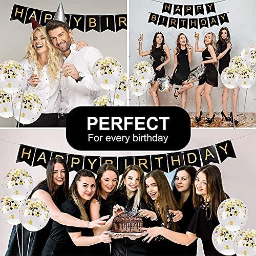 Happy Birthday Banner, Black & Gold Foiled Happy Birthday Bunting Party Hanging Decoration Come with 6 Pack 12 Inch Large Latex Gold Confetti Balloons Perfect for Birthday Decoration Set Supplies