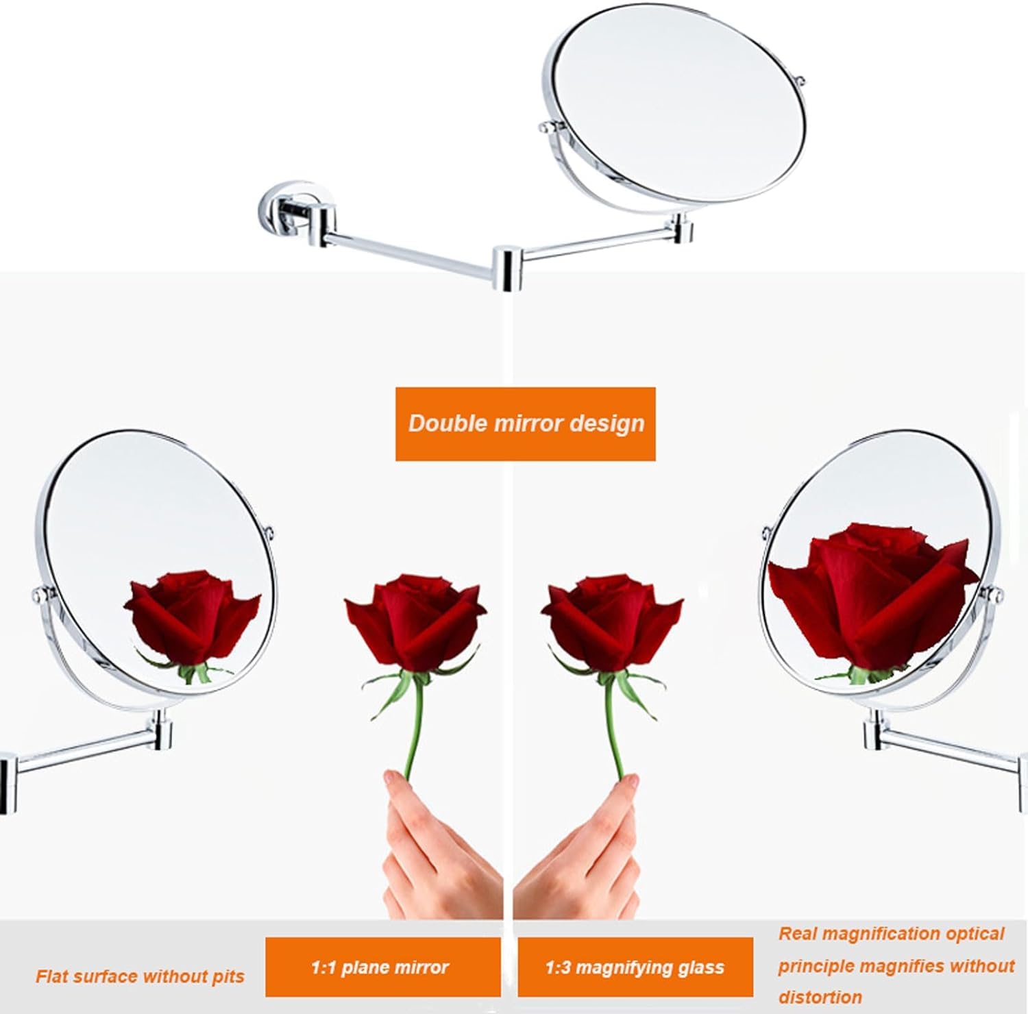 Miroir de maquillage double face grossissant x1 x 20 cm avec gradation tactile en continu, miroir cosmétique réglable filaire rigide, miroir de rasage HD, nickel