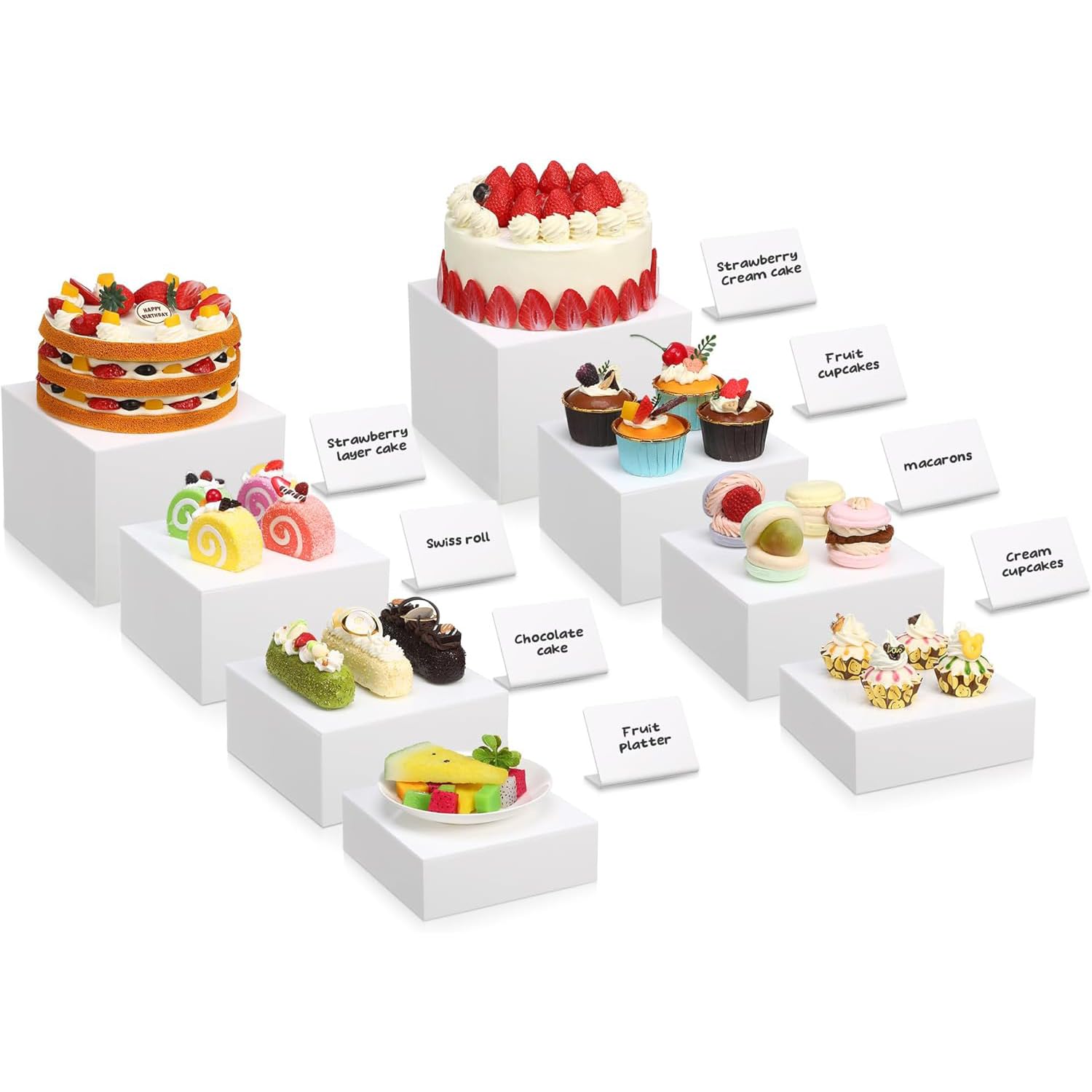 8 pièces Presentoir buffet avec mini panneaux de table, Présentoir acrylique, Cube en acrylique blanc avec fond creux, pour desserts/bijoux