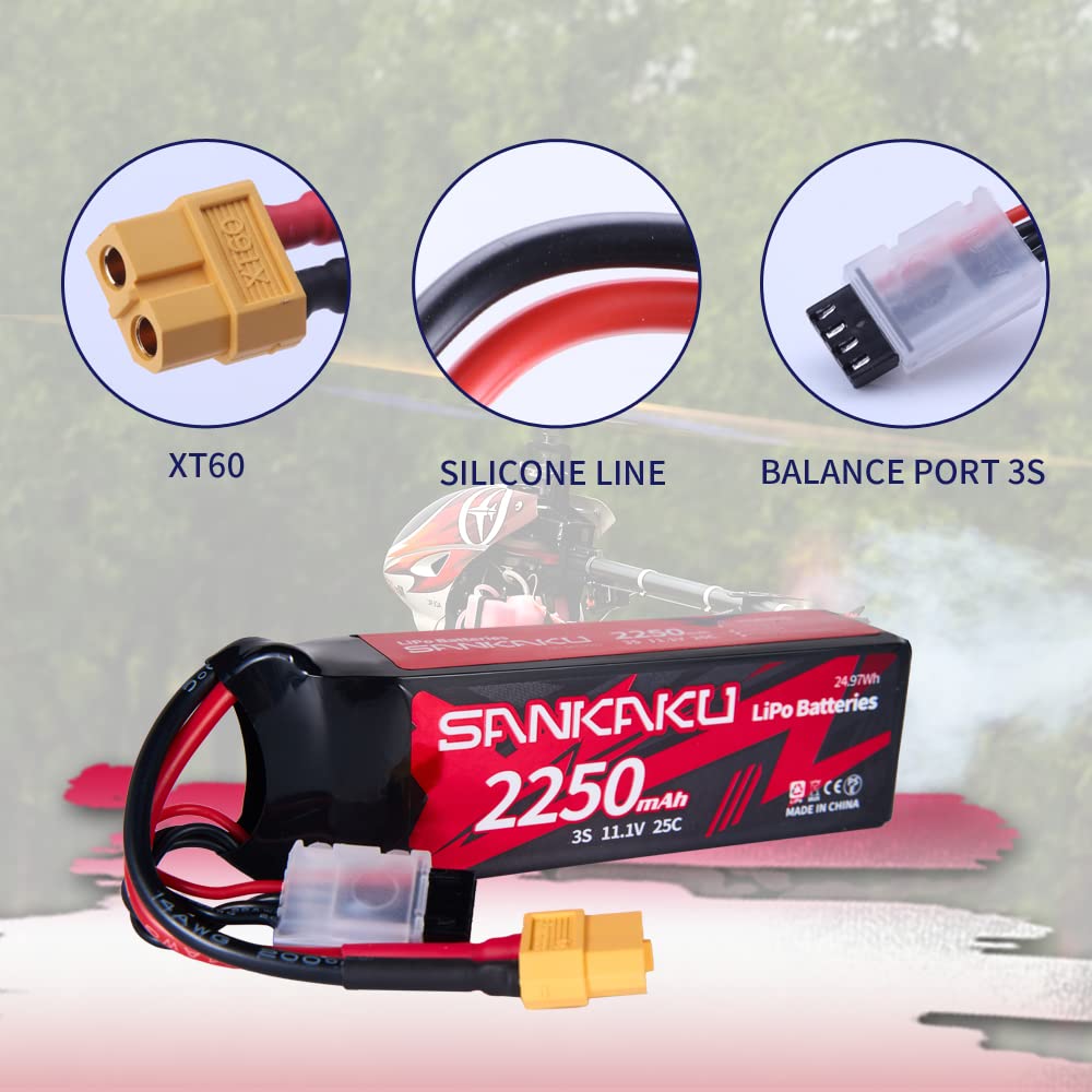 SANKAKU 2250mAh 11.1V 3S 25C LiPo Batterie – XT60, Pour Drone, Avion, Hélico RC