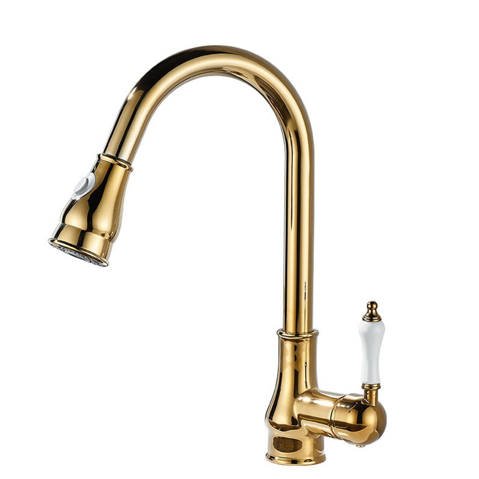 BHFPFZA Vintage Retro Kitchen Faucet with Pull-Down Sprayer Single Handle Swivel Spout Hot & Cold Mixer Tap Gold Sink Faucet for Stylish Kitchens