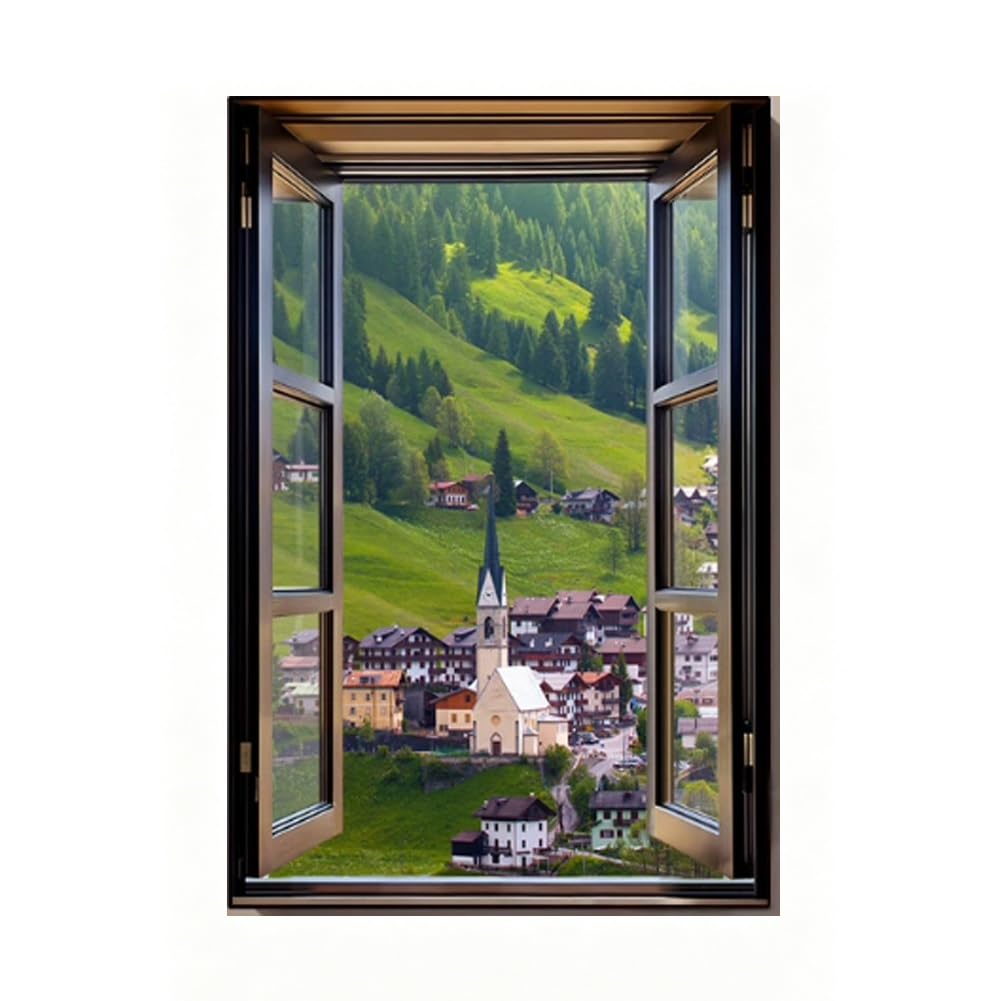GZHERVICES Faux Window Mountain View Wall Art, Fake Window Frame View Of Sunlight Over The Hill Landscape，3D Realistic Scenic Landscape Canvas Print For Living Room Bedroom Home Decor(M,90x130 cm)