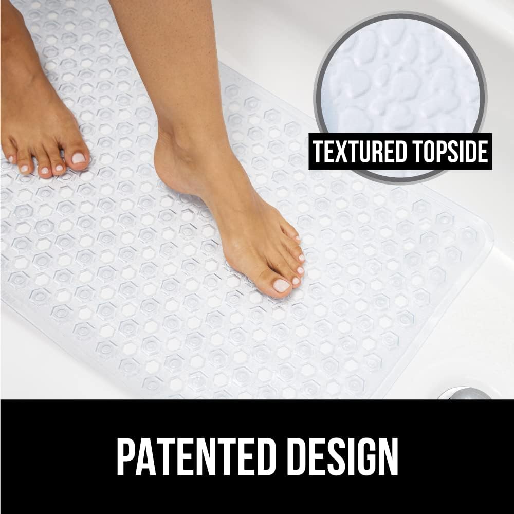 GORILLA GRIP Patented Shower Stall Mat and Chenille Bathroom Toilet Lid Cover, Shower Stall Mat Size 21x21 in Clear, Machine Washable, Toilet Lid Cover Size 19.5 by 18.5 in Beige, 2 Item Bundle