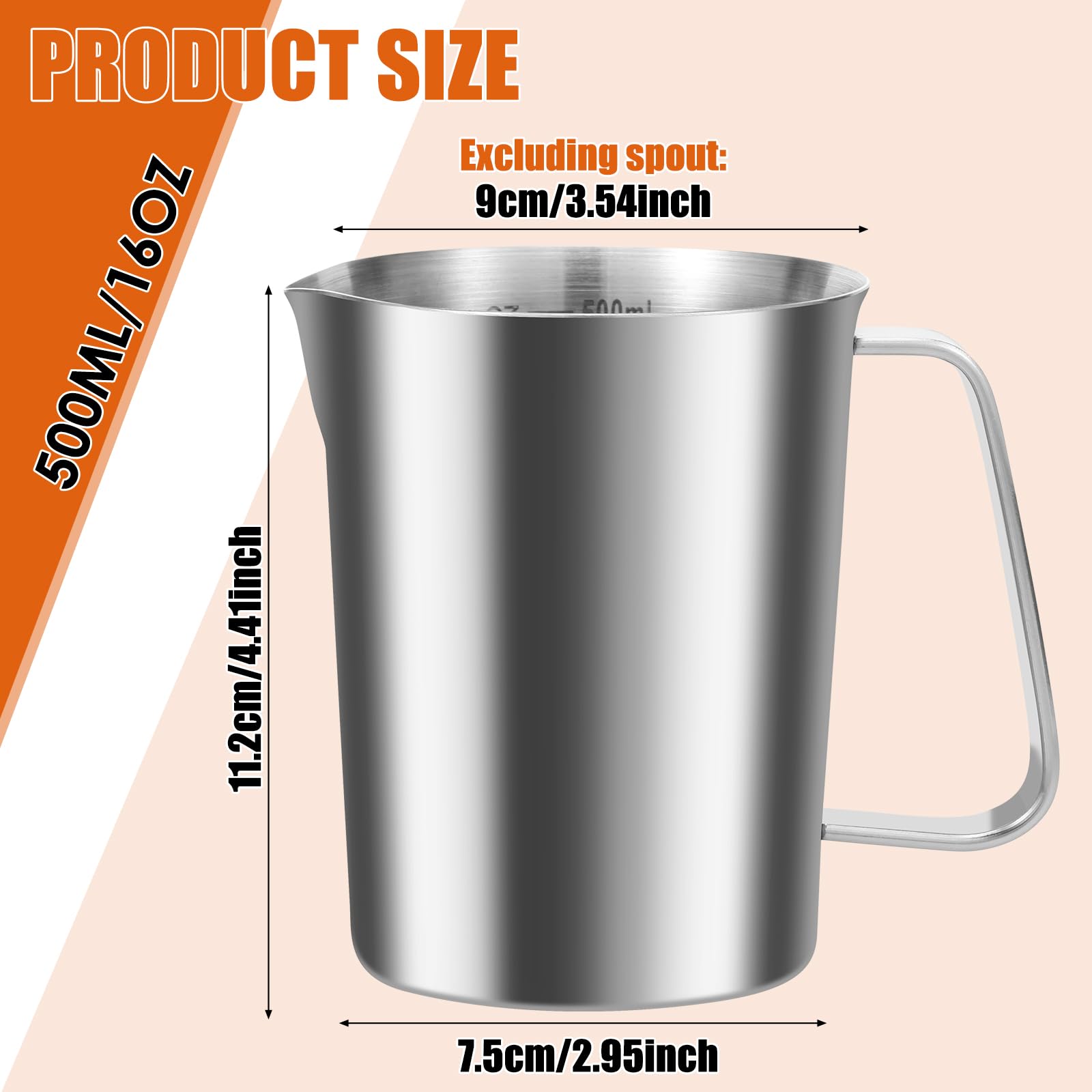 Stainless Steel Milk Jug 500ml Milk Frother Cup with Clear Marking Rust Proof Large Mouth Metal Graduated Beaker with Handle Coffee Cappuccino Latte Art Barista Steam Pitchers for Coffee Lovers - Image 2