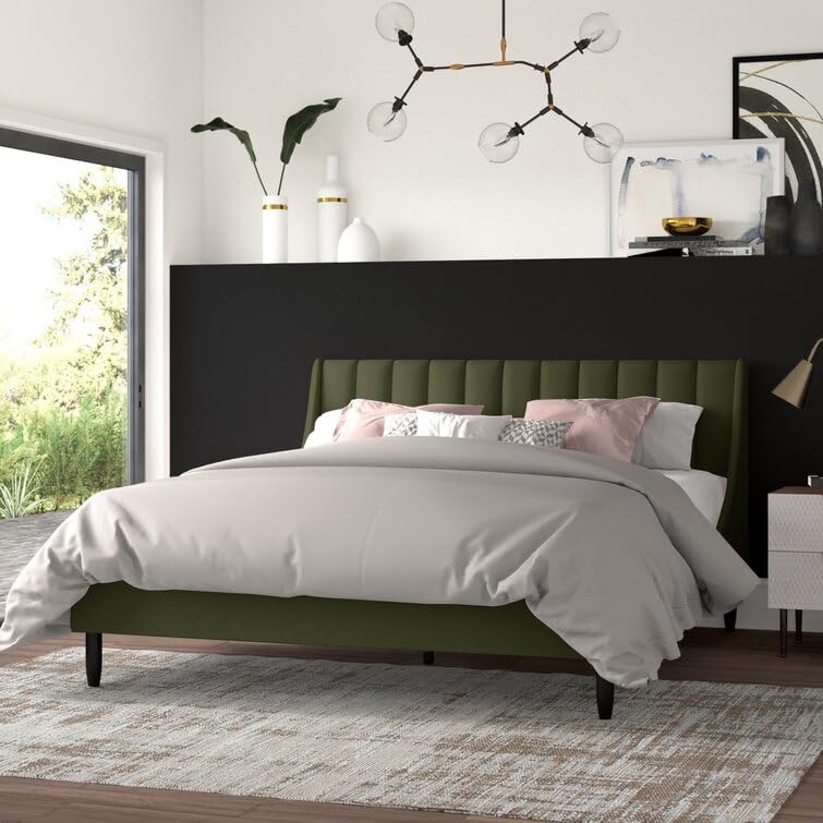 Image of HITHOS Solid Wood Modern Upholstered Queen Size Bed with Wingback Headboard | Wooden Double Bed Cot Palang Without Storage (Olive Green) 1 Year Warranty