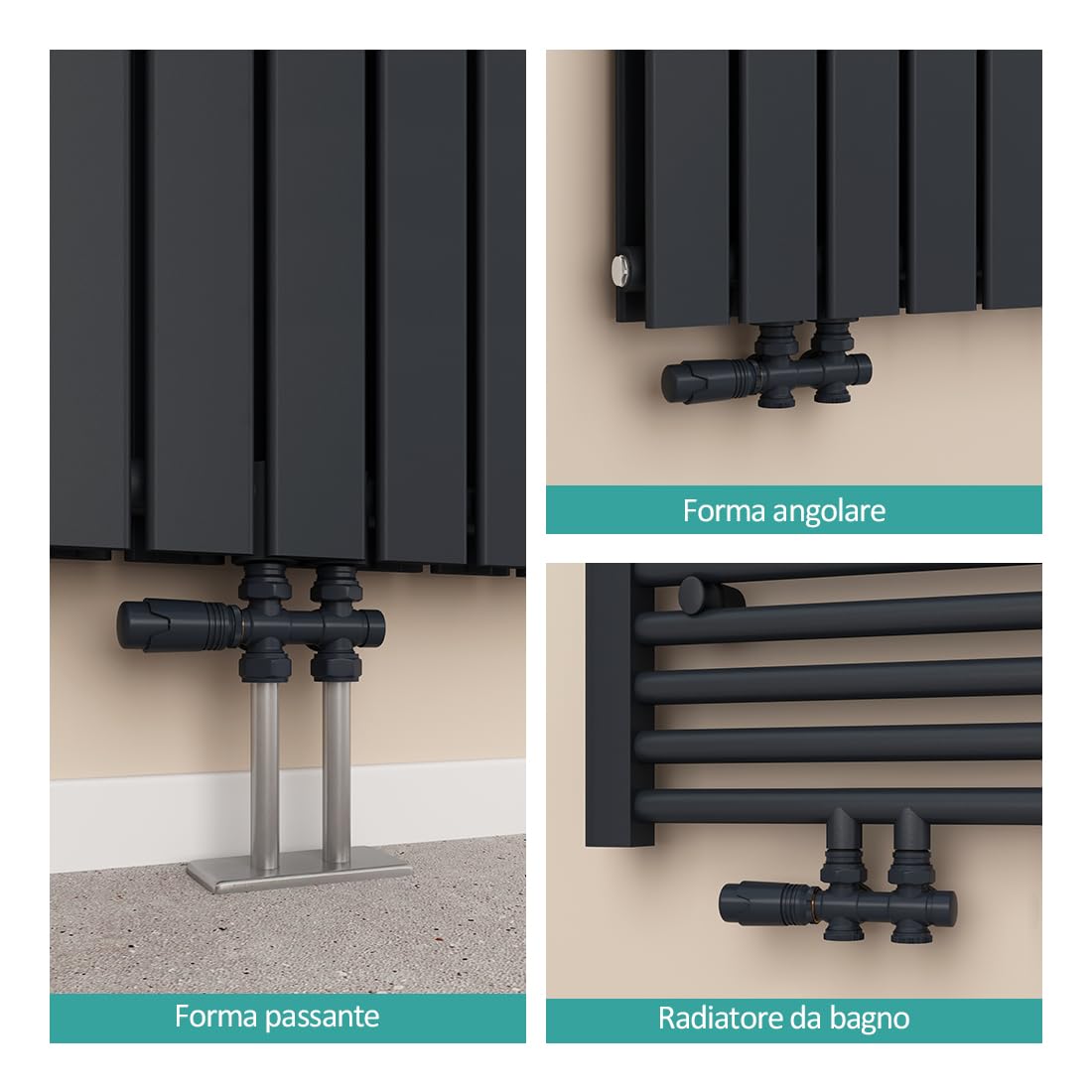 EMKE Valvola per Radiatore, Valvola Termostatica Angolare, Kit Multiblocco per Radiatore con Controllo della Temperatura, Nero opaco, 1 set