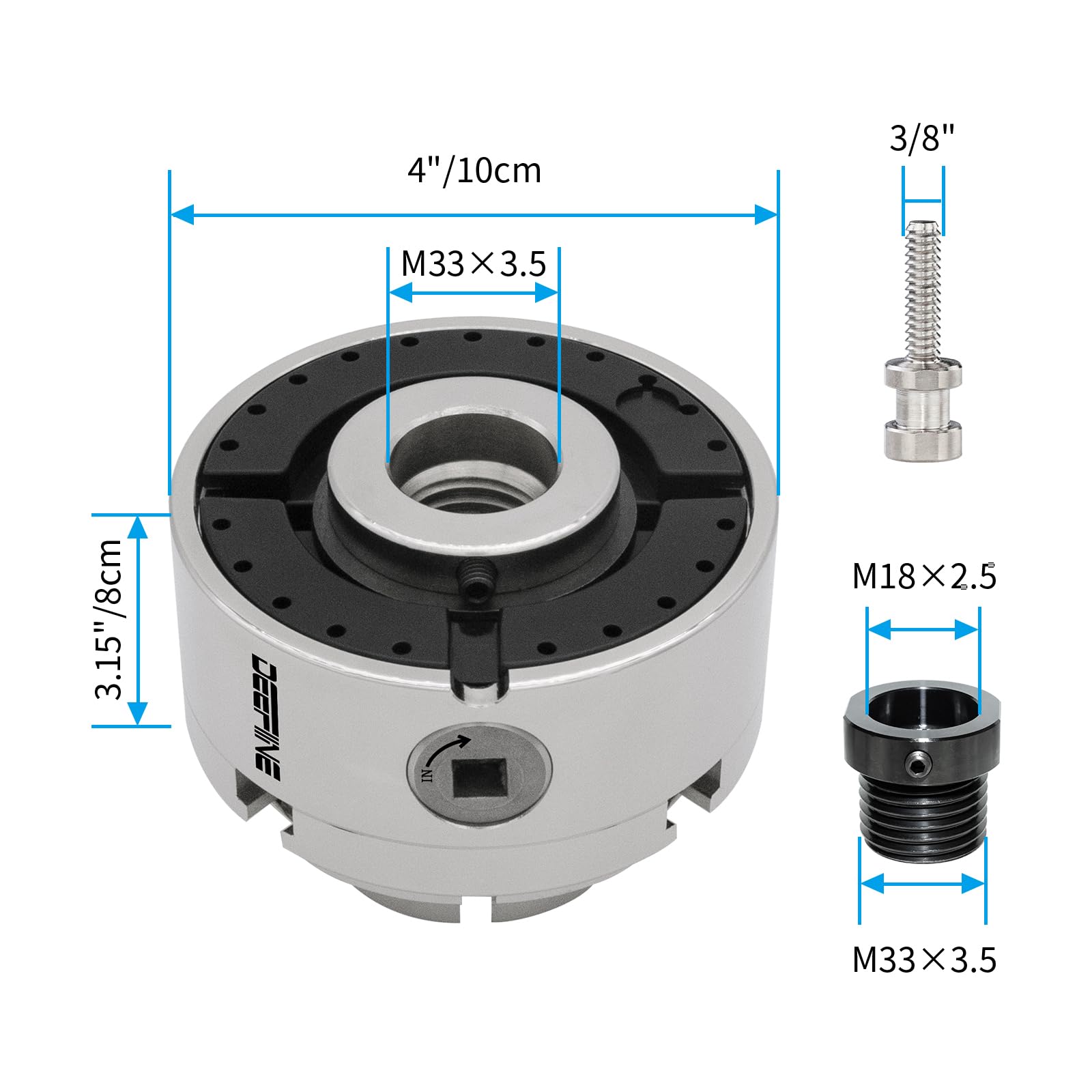 Mandrino per Tornio Professionale in Metallo Dimensioni 100mm Mandrino per Tornio a 4 Ganasce M33X3.5 e M18X2.5 per Legno (2 Jaws)