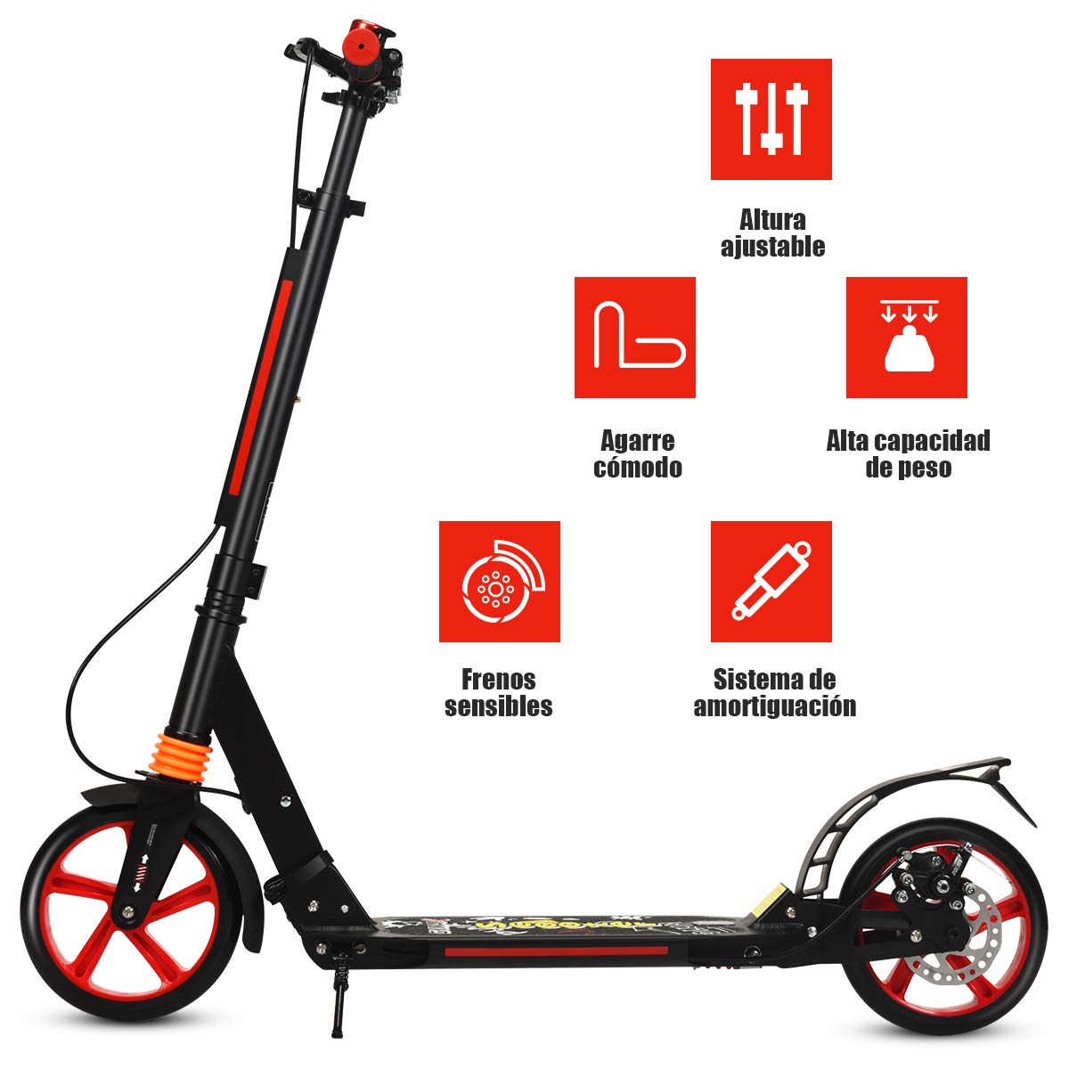 COSTWAY Scooter Patinete Plegable Manillar Regulable en 3 Posiciones Carga hasta 100kg para Niños Mayores de 8 Años y Adultos (Negro)