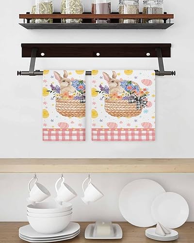Miniatura 3 de Juego de 2 toallas de cocina de algodón con tejido de gofre, huevos de Pascua, cesta de flores de conejito rosa a cuadros de 16 x 24 pulgadas,