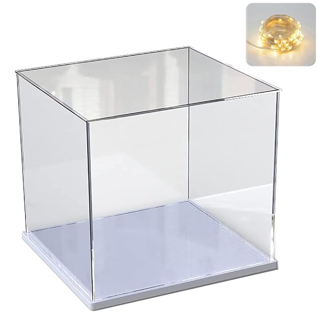 Vitrina Expositora para Colecciones para Lego 75328 Helmet 10309 21265, Expositor Cajas de Metacrilato Transparente Espesado Vitrina Acrílica con Base de Madera-Plástico, Interior Blanco 20x20x20cm