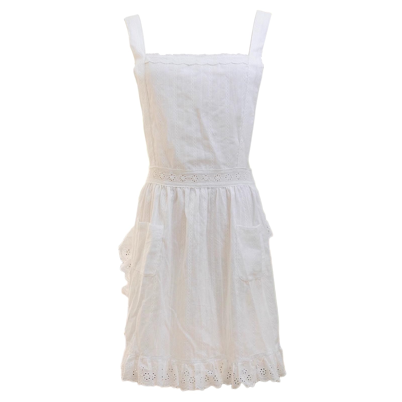 Grembiule da Cucina Regolabile in Cotone Lino Bianco retrò Grembiule con Tasche per Ragazza DonnaWhite,One Size