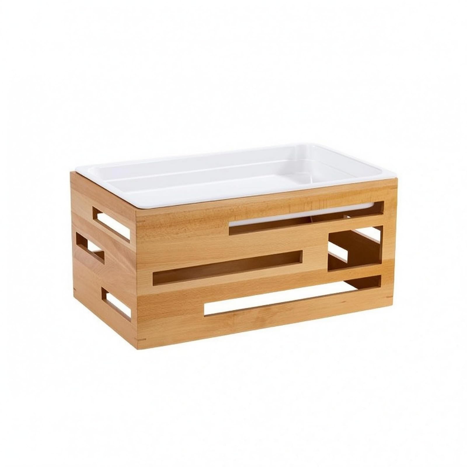 Supporto Buffet Basso Struttura Aperta Vassoio Finto Porcellana Bianco Servizio Tavola per Catering, Grande, Cornice in Legno con Vassoio in Finta Porcellana