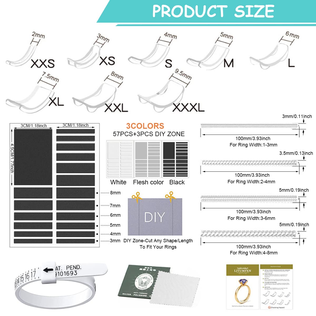 Venzina® Ring Size Adjuster for Loose Rings, Spiral Ring Adjuster Invisible Ring Resizer, Reducer Guard to Make Rings Smaller, Self Adhesive Ring Clips Tightener for Men Woman Rings, Clear