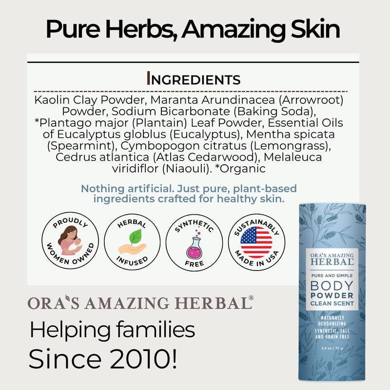 Ora's Amazing Herbal Body Powder for Men and Women, Dusting Powder, Foot Powder, Talc Free, Cornstarch Free, Clean Scent with Essential oils of Lemongrass, Eucalyptus and Spearmint,