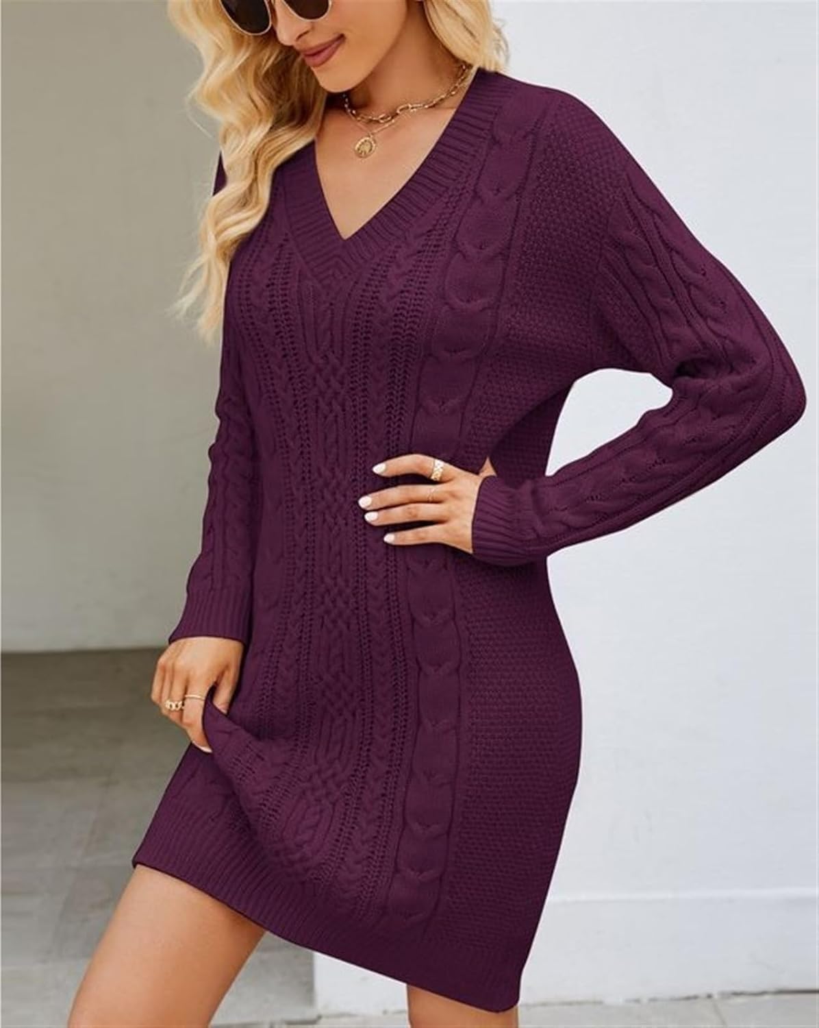 Elegancka Damska Sukienka Sweterkowa Z Długim Rękawem, Dekoltem W Serek, Luźny Krój, Dzianinowe Sukienki Koktajlowe W Jednolitym Kolorze, Purple, M