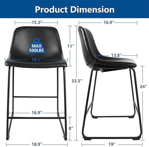 Miniatura 95 de Rfiver Taburetes de bar de piel sintética de poliuretano, juego de 2, taburetes industriales con respaldo y reposapiés, sillas modernas sin brazos